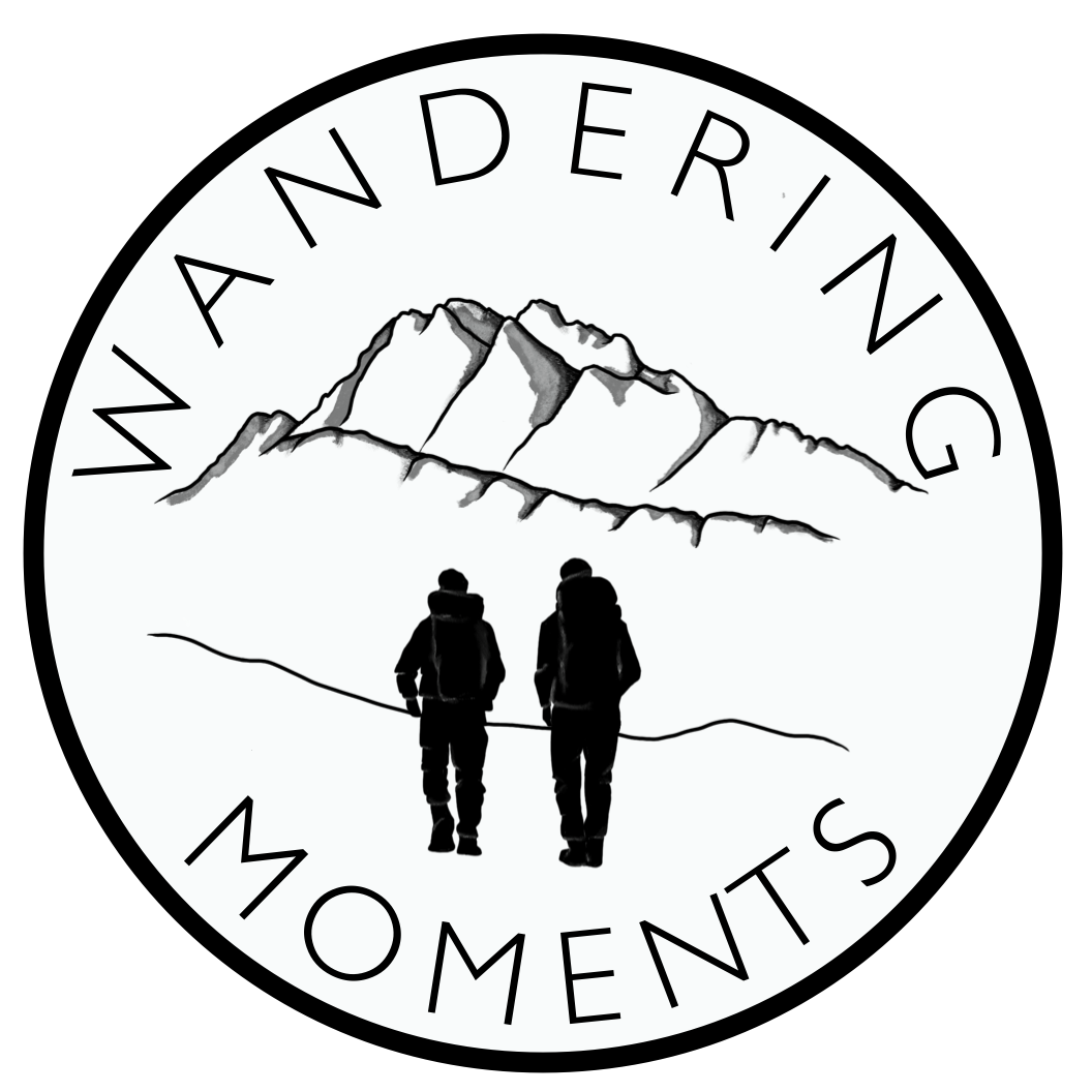 Wandering Moments logo — two hikers walking toward mountains inside a circular ink badge